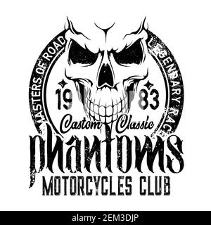 Biker Club Emblem, Schädel Symbol, benutzerdefinierte Motorrad-Rennfahrer und Motorrad-Rennen. Vector Phantom und Road Master Grunge T-Shirt-Print, Chopper Motorrad Stock Vektor