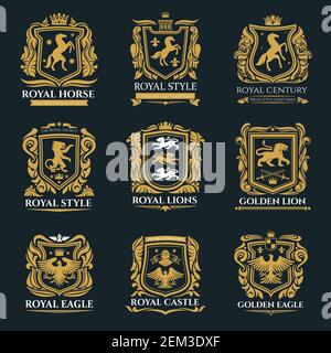 Wappentiere, königliche Wappen, Pegasus Pferd, Griffin Löwe und mittelalterliche Adler Ikonen. Vektor kaiserliche Wappenschilde und Wappen, gry Stock Vektor