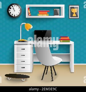 Teenager Arbeitsplatz realistisches Rauminnenelement mit Schreibtisch Laptop-Lampe Uhr Bücherregal Skateboard Trophäe Foto Vektor Illustration Stock Vektor