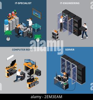 Isometrische 2x2-Symbole mit IT-Ingenieuren und Computer Reparatur Spezialisten 3D isolierte Vektor-Illustration Stock Vektor