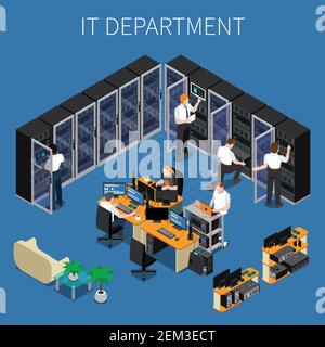 Isometrische Zusammensetzung mit Systemadministratoren und Technikern, die an Informationen arbeiten Technik Engineering Abteilung 3D Vektor-Illustration Stock Vektor