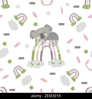 Nahtlose Muster Dschungel Tiere, Koala Regenbogen. Weißer Hintergrund Stock Vektor