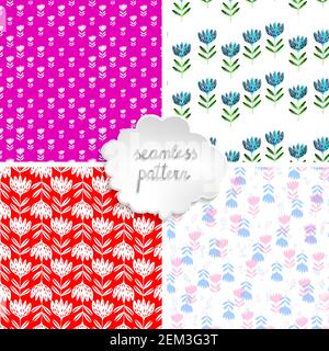 Satz von nahtlosen Blumenmustern auf der Grundlage der traditionellen Volkskunst Ornamente. Bunte Blumen auf hellem Hintergrund. Skandinavischer Stil. Vektorgrafik Stock Vektor