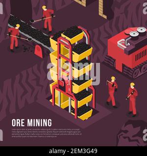 Unterirdisch unterirdisch Bergbau Prozess isometrische Zusammensetzung Poster mit Erz Ausgang Transportband und Bohrmaschine Vektorgrafik Stock Vektor