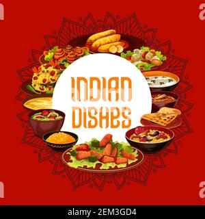 Indische Küche Essen Gerichte, Indien Restaurant-Menü und authentische Küche Rezept Buch Cover. Vector Indische traditionelle Mahlzeiten Gemüse, Fleisch und Reis, Stock Vektor