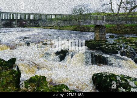 Felsige Wildwasserkrapiden mit einer hölzernen Fußgängerbrücke über sie bei Linton Falls, Skipton, North Yorkshire, England, Großbritannien. Stockfoto