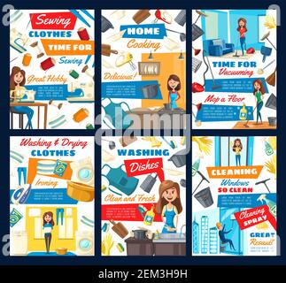Haushalt und Reinigung, Hausfrau Aufgaben. Vektor. Hausreinigung, Nähen und Kochen, Staubsaugen und Waschen von Boden mit Mopp, Trocknen und Bügeln Stock Vektor