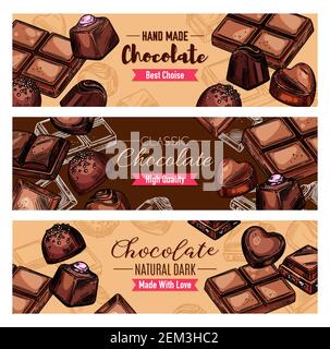 Schokolade Bonbons und süß, Vektor-Banner. Dessert Choco Leckereien und leckere Snacks. Süßwaren Lebensmittel, Kakao Süßigkeiten von dunkel und Milchschokolade mit n Stock Vektor