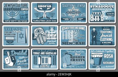 Judentum Religion, jüdische Kultur und Israel Tradition Plakate. Vektor Hanukkah Menorah, David Star oder Torah und Rabbiner Priester, jüdische religiöse Communi Stock Vektor