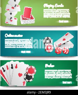 Online Casino Echtgeld Poker Spiel 3 realistische horizontale Banner Mit Spielkarten Chips isoliert Vektor-Illustration Stock Vektor