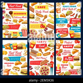 Fast Food Restaurant Vektor Poster mit Essen zum Mitnehmen, Getränke und Desserts. Pizza, Hamburger und Hot Dog, Soda, Pommes und Cheeseburger, Hühnerschenkel, Stock Vektor