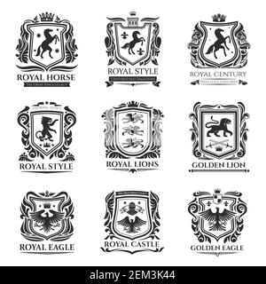 Wappentiere, mittelalterliche Tiere, Pegasus-Pferd und königliche Blumenembleme. Vektor heraldische Ikonen des Griffin Löwen mit Adlerflügeln, kaiserliche Krone, fl Stock Vektor