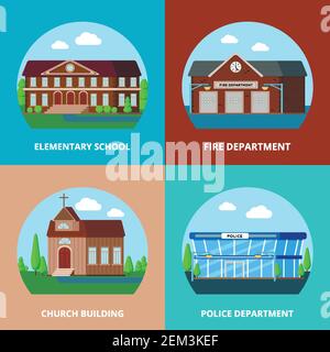 Kommunale Gebäude Wohnung 2x2 Design-Konzept mit runden Kompositionen von Allgemeine Verwendung speziellen Service städtischen Gebäuden Vektor-Illustration Stock Vektor