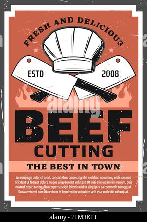 Rindfleisch schneiden, Metzgerei Shop vintage retro Poster. Vector Grill Picknick und Beefsteak Fleisch Lebensmittelgeschäft, Koch Kochen Hut, Küche Beil Messer ein Stock Vektor
