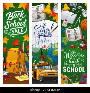 Zurück in die Schule, Student Bildung liefert Verkauf Banner auf grünen Tafel. Vector Willkommen zurück zur Schule Artikel, Bleistifte und Hefte, Schulbus und Stock Vektor