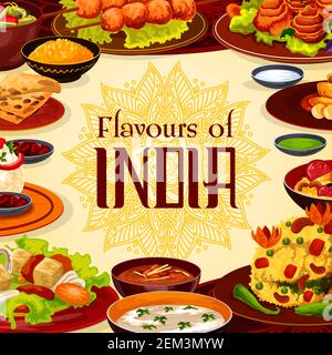 Indisches Restaurant-Menü, authentische traditionelle indische Küche. Vector Indian Café-Menü, Frühstück, Abendessen und Mittagessen, Curry Gemüse in masa Stock Vektor