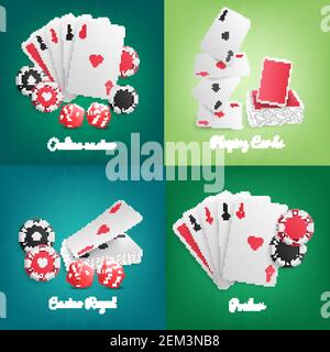 Casino online 4 realistische grüne Hintergrund-Symbole mit Deck spielen Karten Poker Chips Würfel isoliert Vektor-Illustration Stock Vektor