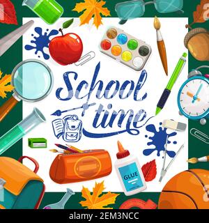 Schulzeit Tinte Inschrift und Schreibwaren. Vector Stiftetui und Kleber, 1. September Blätter und Kinder Rucksack. Apfel-Snack und Stift, Uhr und Stock Vektor
