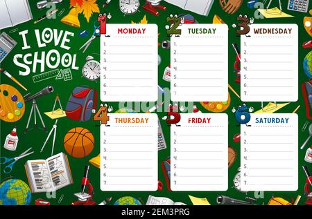 Schulplan, Wochenplan und Schüler Klassen Tabelle wöchentliche Vorlage. Vector Schulplan mit Klassen liefert, Bleistifte und Hefte, carto Stock Vektor