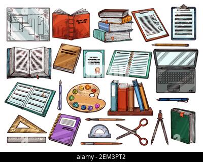 Schulbücher und Schreibwaren Skizzen Symbole. Vektor Zurück zur Schule Symbole der Mathematik Lineal mit Schere und Bleistift, Malerei Aquarelle mit Computer und Stock Vektor