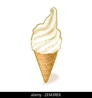 Eis Waffel-Kegel, ein digitales Gemälde von glatten Vanille-Sahne, weich servieren Dessert isometrische Cartoon-Symbol Raster 3D Abbildung auf weißem Rücken Stockfoto