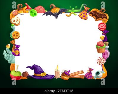 Halloween behandelt Rahmen von Süßigkeiten und Süßigkeiten. Vektor Hexenhut und Cupcakes mit Spinne und Netz, Gelees, Lutscher und menschliches Gehirn. Süßer Wurm, Fledermaus A Stock Vektor
