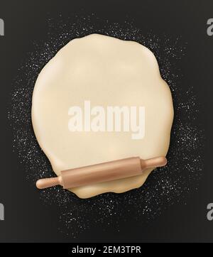 Teig, Nudelholz und Mehl auf dem Tisch, 3D realistische Draufsicht. Vector Teig Kneten mit Nudelholz, Bäckerei und Patisserie oder Bäcker Shop Poster, whea Stock Vektor