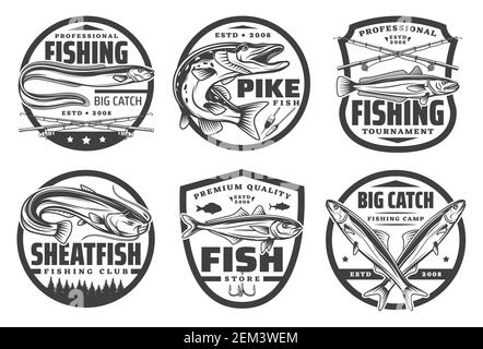 Angelsport, Fischer Hobby isoliert monochrome Logos. Vector Fischerei Tackles, gekreuzte Ruten, Hecht, Forelle und Schafsfische, großen Fang. Angelcamp, FL Stock Vektor