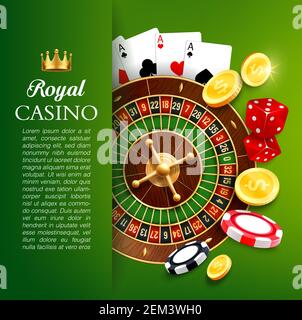 Casino, Online-Glücksspiel-Spiele Vektor-Design. Realistische Roulette Rad, Poker-Karten, Casino-Chips und Würfel mit Jackpot goldenen Münzen und Gold Krone POS Stock Vektor