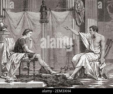 Aristoteles betreut den jungen Alexander den Großen. Alexanders Vater, Philip II, König von Macedon, stellte den respektierten griechischen Philosophen an, um seinen Sohn zu erziehen. Alexander III von Macedon, bekannt als Alexander der große, 356 BC - 323 BC. Aristoteles, 384 v. Chr. - 322 v. Chr. Nach einem Holzstich aus dem 19th. Jahrhundert. Stockfoto