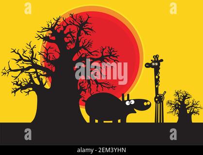 Schwarze Silhouetten von wilden Tieren. Landschaft der wilden Natur. Cartoon-Illustration. Stock Vektor