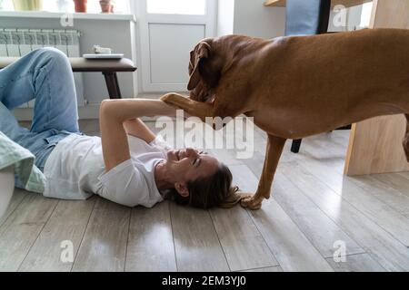 Glückliche Besitzerin, die spielt, mit ihrem Hund herumtöricht und zu Hause auf dem Boden liegt. Liebe für Haustiere. Stockfoto