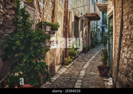 Ruhige schmale Straße in einem alten Dorf Pano Lefkara. Larnaca District, Zypern Stockfoto