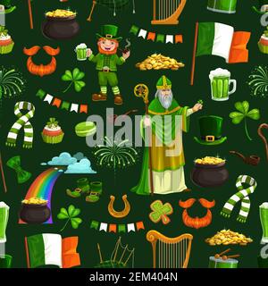 St. Patricks Tag Irish Urlaub nahtlose Muster. Vector Saint Patrick mit Stock, Regenbogen, Topf mit Schätzen, Kobold Pfeife rauchen und trinken werden Stock Vektor