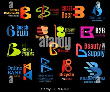 Business-Identität Symbole, Buchstabe B. Vector digitale Geld-Industrie und Gartenarbeit, Brauerei und Reisebüro, Fast-Food-Bar und Wissenschaft. Beratung und e Stock Vektor