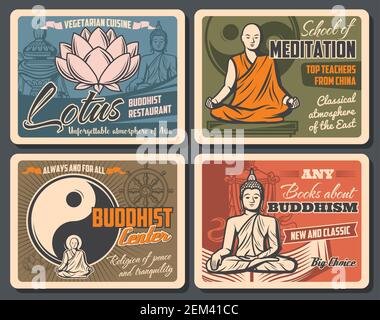 Buddhismus Religion heiliger Lotus, Buddha-Statue und Yin Yang Symbol, Dharma Rad, tibetischen Mönch und Gebet, Vase mit Schatz und Sonnenschirm Vektor Poster. Stock Vektor