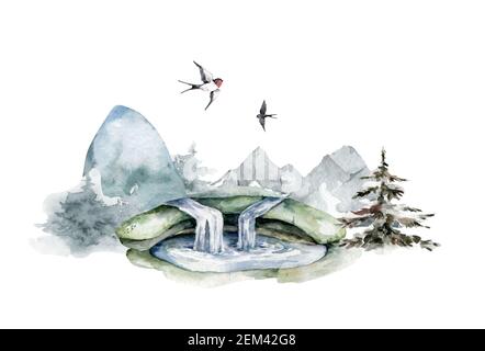Aquarell Mountain Wasserfall Hand gezeichnet Aquarell isolierte Landschaft mit Wald Und Berge auf weißem Hintergrund Stockfoto