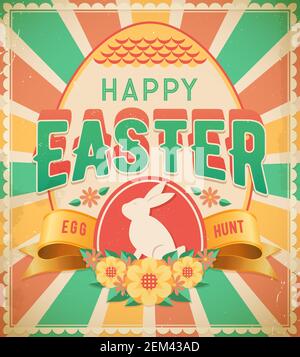 Frohe Ostern Eiersuche vintage Vektor-Poster. Retro Gruß Grunge Design-Karte mit Kaninchen, verzierten Eiern, Strahlen, Blumen und gewelltes Band mit Typo Stock Vektor