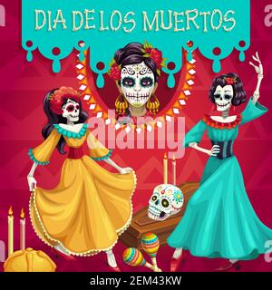 Day of the Dead, Dia de Los Muertos Party mit tanzenden Frauen Skelette. Vector Grab und Schädel, brennende Kerzen und Damen in Frida Kleidung mit marigo Stock Vektor