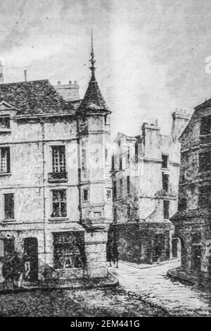 tourelle d'angle,rue du paon et de l'ecole de medecine,demolie pour le Boulevard saint germain, 1832-1867, histoire de france par henri martin ,edite Stockfoto