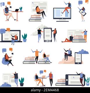 Online-Bildung flache Symbole mit Personen während der Kommunikation, Wissen auf Bildschirmen von elektronischen Geräten, isolierte Vektor-Illustration Stock Vektor