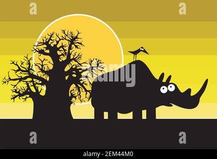 Schwarze Silhouetten von wilden Tieren. Landschaft der wilden Natur. Cartoon-Illustration. Stock Vektor