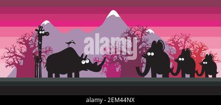 Schwarze Silhouetten von wilden Tieren. Landschaft der wilden Natur. Cartoon-Illustration. Stock Vektor