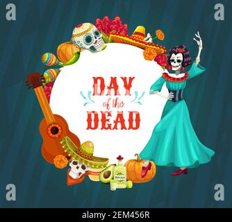 Mexikanische Tag der Toten Vektor Schädel und Catrina mit Dia de los Muertos Festival Sombrero, Gitarre und Maracas, Zucker calavera, Ringelblumen und Stock Vektor