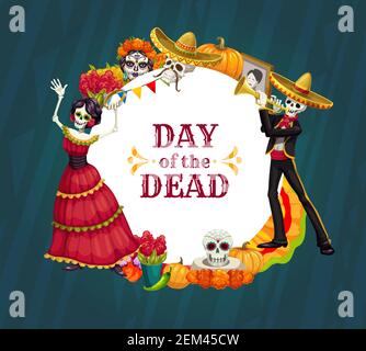 Tanzende Skelette von Mexican Day of the Dead Urlaubsvektor-Design mit Zuckerschädeln, Ringelblumen und Catrina calavera. Halloween Festival düster Stock Vektor