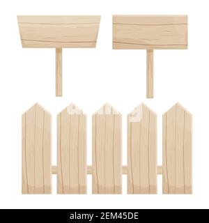 Set aus Holz Garten ländlichen Zaun und Plakatwände, strukturiert, in Pastellfarben skandinavischen Cartoon-Stil isoliert auf weißem Hintergrund detailliert. Außenwerbung Stock Vektor