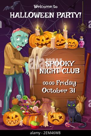 Gruselige Nachtclub Einladung auf Halloween-Party. Vektor Zombie und Jack Laternen, Holzbrett, brennende Kerzen und Trank. Trick oder Leckereien, süß foo Stock Vektor