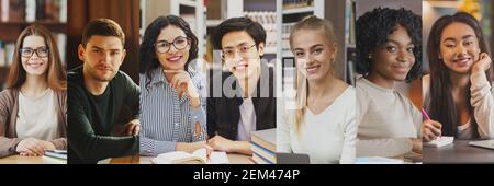 Diverse Studenten Portraits Set in A Row, Collage Stockfoto