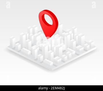 Isometrische Geolokalisierungskarte mit Gebäuden und Straßen. Minimalistische Navigationskarte. Position mit Pin-Pointer. Isometrische Vektordarstellung von Teil einige Stock Vektor