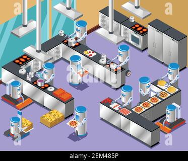 Isometrische robotische Restaurantzusammensetzung mit Robotern in der Restaurantküche Auf Arbeitsverteilung und Kochen Vektor Illustration Stock Vektor